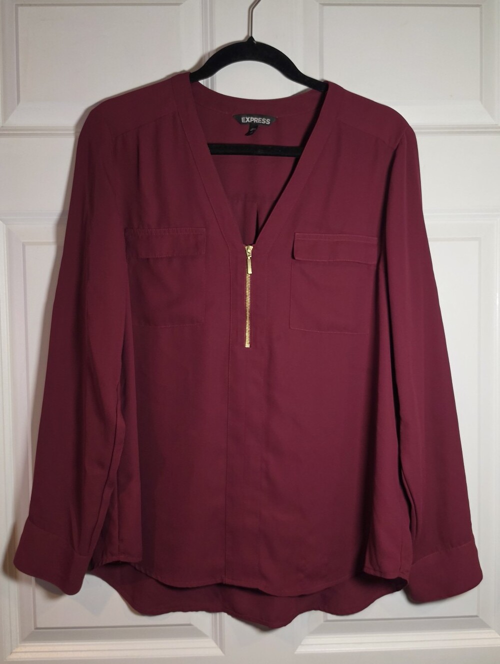 Express Women's Wine Zip-Front Long Sleeve Blouse L